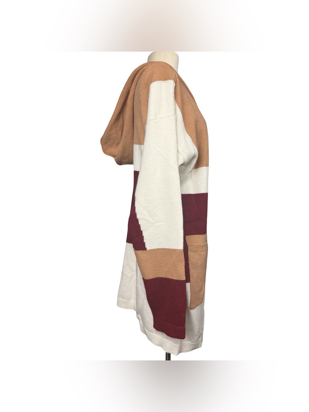 Unbranded Colorblock Hooded Cardigan Sweater Pockets Burgundy Camel Cream Large